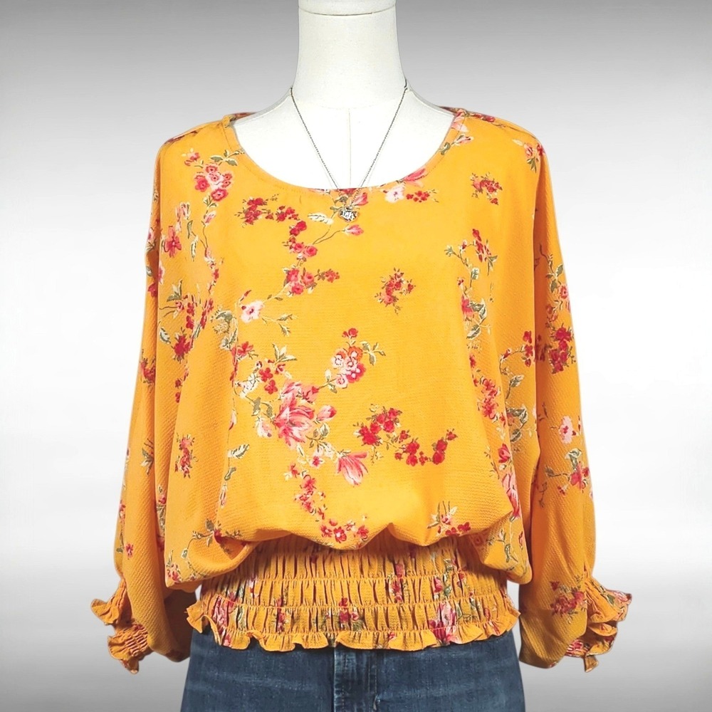 Boho Floral Smocked Waist Blouse Dolman Sleeve Peasant Top Orange Women's Small